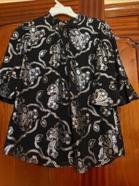Rebecca Taylor Black Metallic Floral High-Neck Women's Blouse
